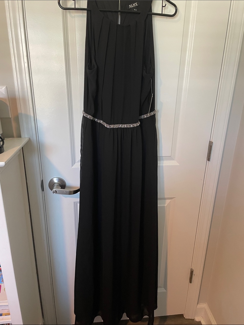 SLNY Black Sleeveless Maxi Dress with Beaded Waist